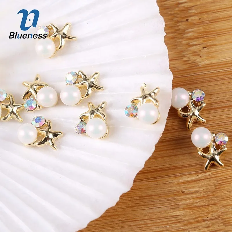 

Blueness 10Pcs/Lot Colorful Glitter Nails Rhinestones Gold Alloy Sea Star Design 3D Nail Art Decoration Charms Pearl Nail Decor