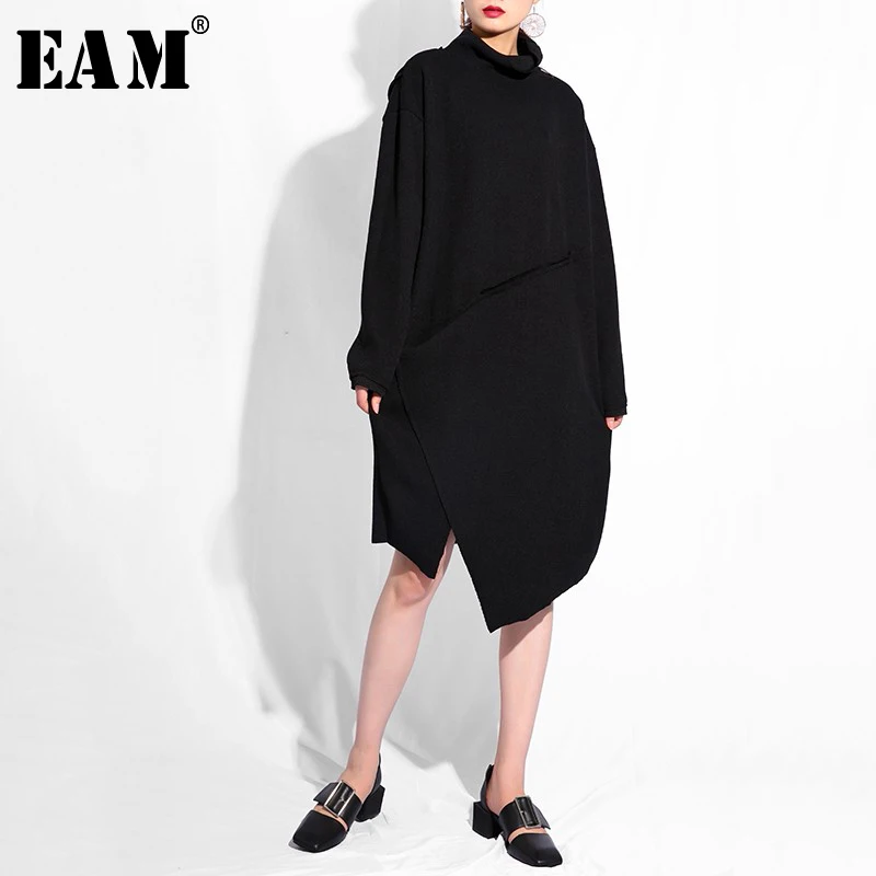 

[EAM] 2019 New Spring High Collar Long Sleeve Black Irregular Cut Stitch Hem Loose Big Size Dress Women Fashion Tide JK021
