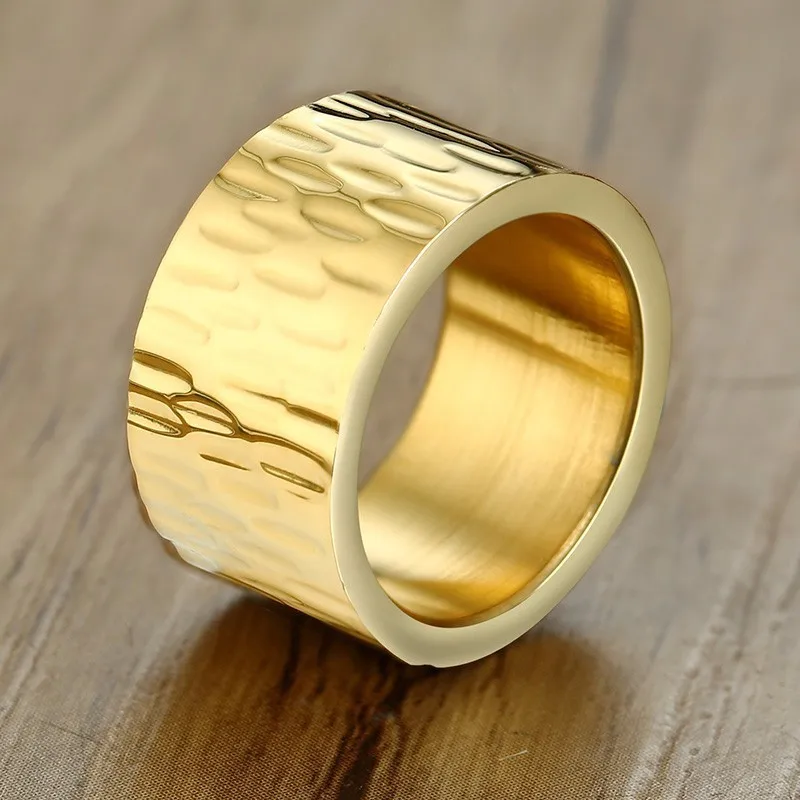 

Vnox 12mm Wide Gold Tone Punk Hammer Texture Stainless Steel Men's Ring Simple Male Metal Band