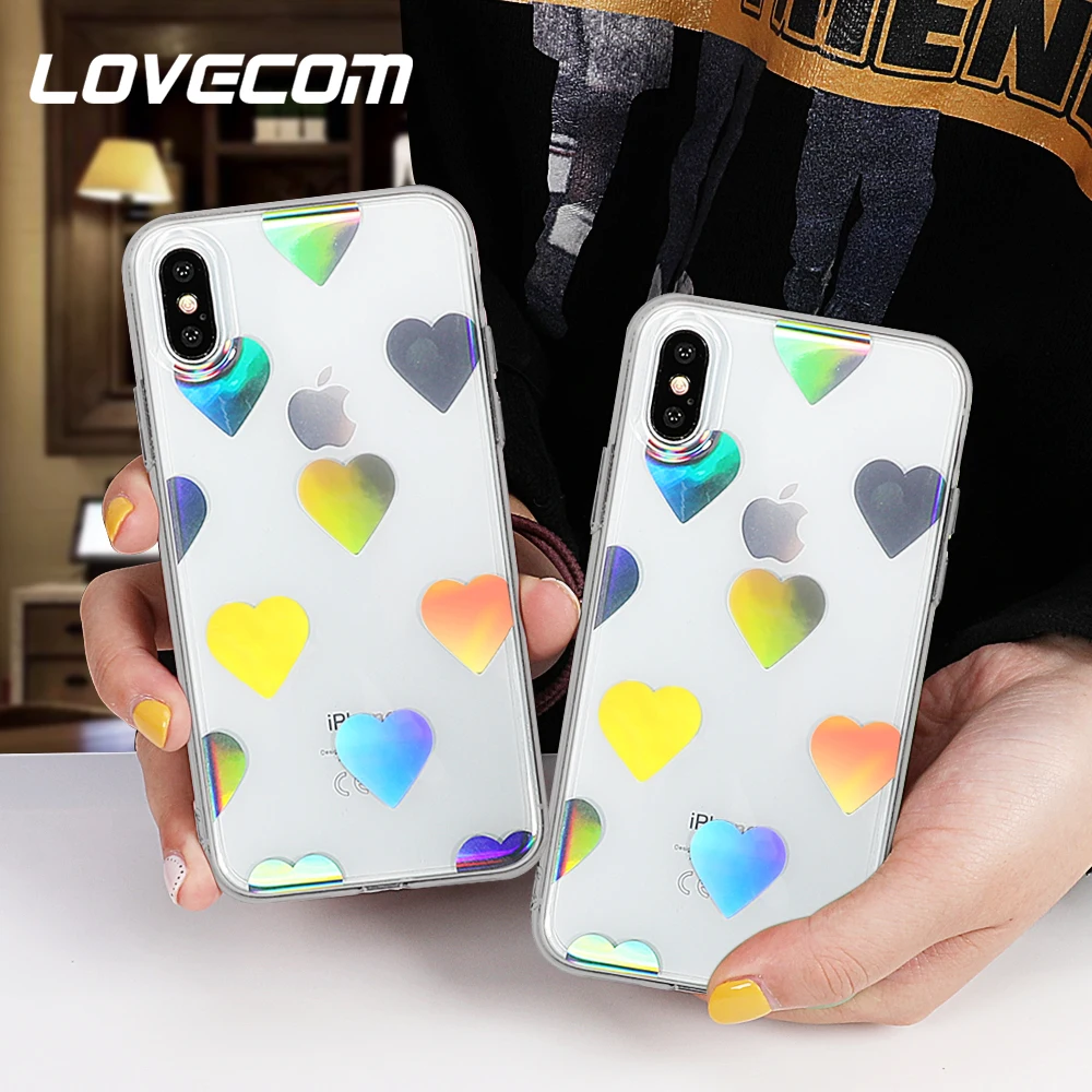 

LOVECOM Holographic Laser Love Hearts Transparent Acrylic Phone Case For iPhone X XS XS MAX XR 6 7 8 Plus Soft TPU Shiny Coque