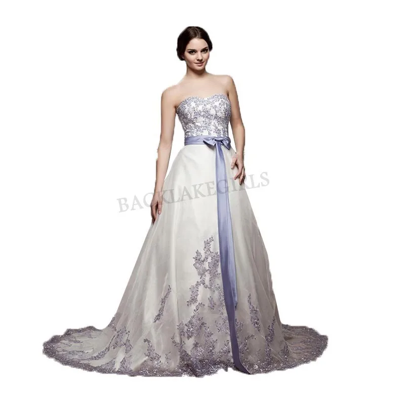 

Wedding Dress Cheap Purple Strapless Romantic Lace Appliques With Beads A-line Bridal Gown Tulle Floor-length High Quality