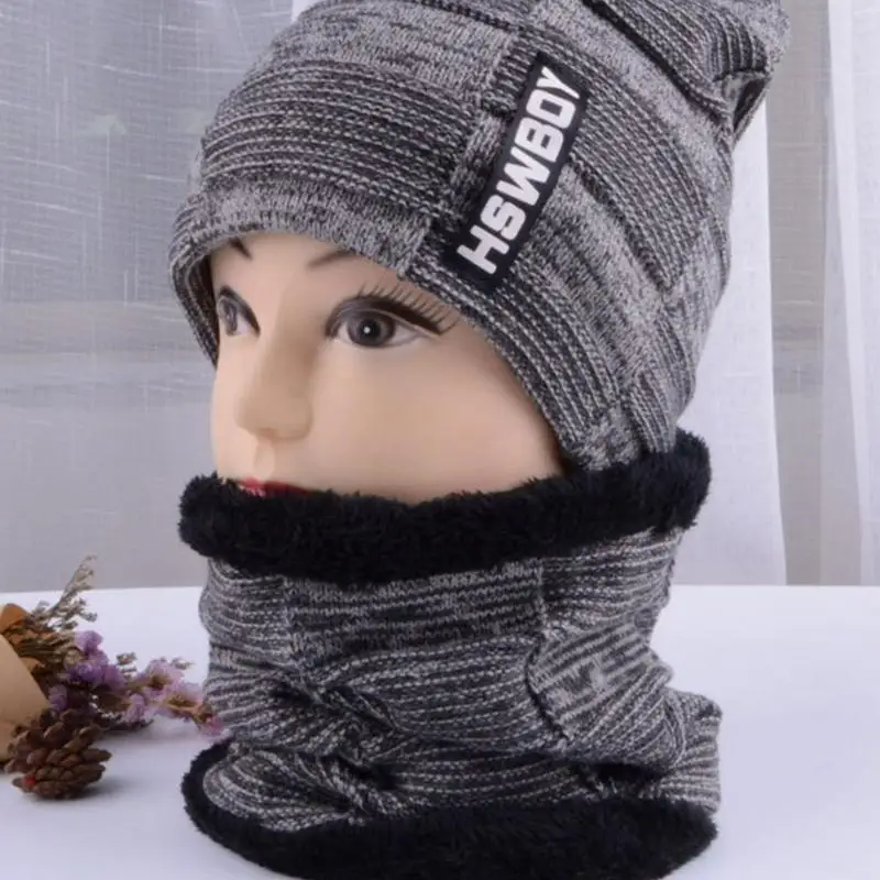 

2pcs/set Warm Knit Hat Outdoor Thicken Wool Beanie Cap Set Slouchy Letter Labeling Snow Cap Scarf -for Men Women Autumn Winter