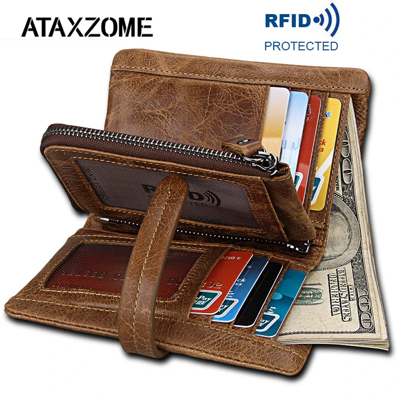

ATAXZOME leather men's wallet natural leather retro brown wallet anti-theft RFID multi-function coin purse wallet men gift W3588