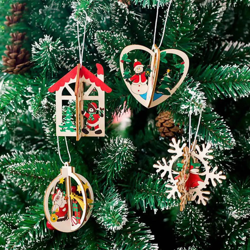 2PCS 3D Creative Christmas Wooden Pendants Ornaments DIY Star&Heart ...