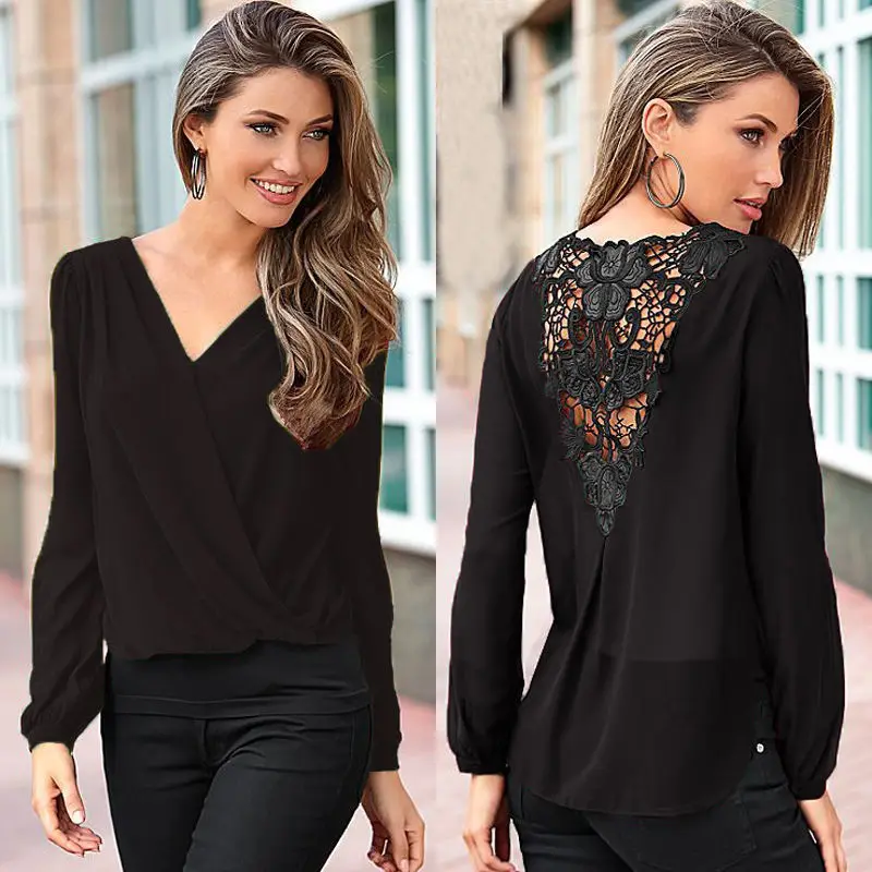 

2019 Fashion Women Summer Lace Patchwork Chiffon Blouse Loose Long Sleeve Shirt Casual Tops Blouse