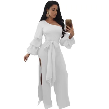 

2019 New Pattern Women Solid Color Bilateral Vent Long Sleeve Jumpsuit