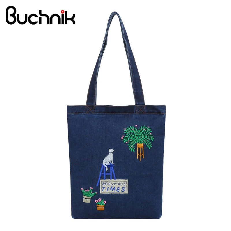 

BUCHNIK Embroidery Cowboy Canvas Handbags Ladies' Shoulder Bag Women Fashion Casual Denim Package Totes Luggage Accessories Item