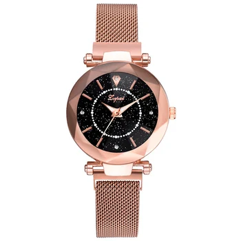 

LVPAI Luxury Mesh Lady Gold Clock Magnet Buckle Star Diamond Geometric Surface Casual Dress Quartz Watch