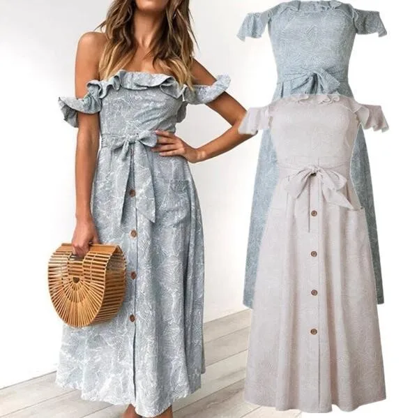 

Moda 2019 Mujer Ropa Women Strapless Ruffles Dress Bow Belted Long Dress Ropa Para Dama 2019