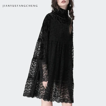 

Spring Summer Dress 2019 Sexy Stand Collar Long Sleeve Lace Dress Plus Size Black Above Knee See Through Transparent A Line