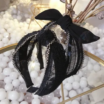 

New Fashion Silk Yarn Middle Knotted Hair Bows Beaded Edge Hairband Rabbit Ear Headband for Women Boutique Hair Accessories