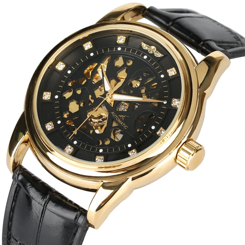 WINNER Top Brand Luxury Diamond Display Mens Automatic Skeleton Black Leather Classic Mechanical Watch for Men 3