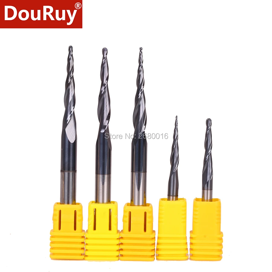 

DouRuy 1PC HRC55 2 flutes tapered ball nose end mill solid carbide coated tapered cone cnc milling cutter D4-D8mm engraving bit