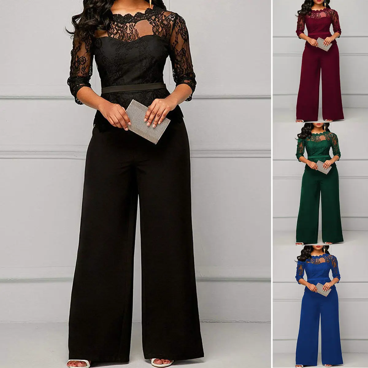 

Lace Rompers Women Jumpsuit Autumn Hot Elegant Ladies Office Work Wear 3/4 Long Sleeves Wide Leg Playsuit Tracksuit Long Pants