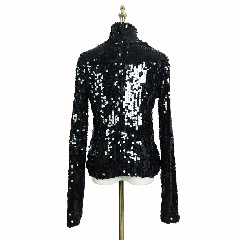 [EAM] 2019 New Spring Stand Collar Long Sleeve Black Sequins Split Joint Loose Shirt Women Blouse Fashion Tide JL321