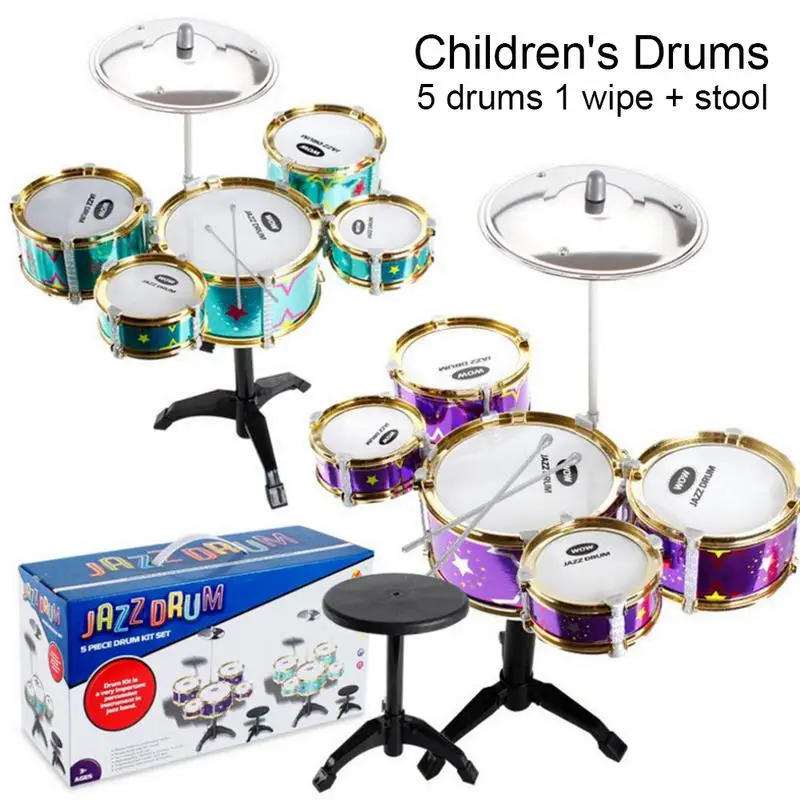 Детские большие пять барабанов со стульями, Имитационные ударные инструменты для джаза, набор музыкальных инструментов, игрушка для музыкальных инструментов