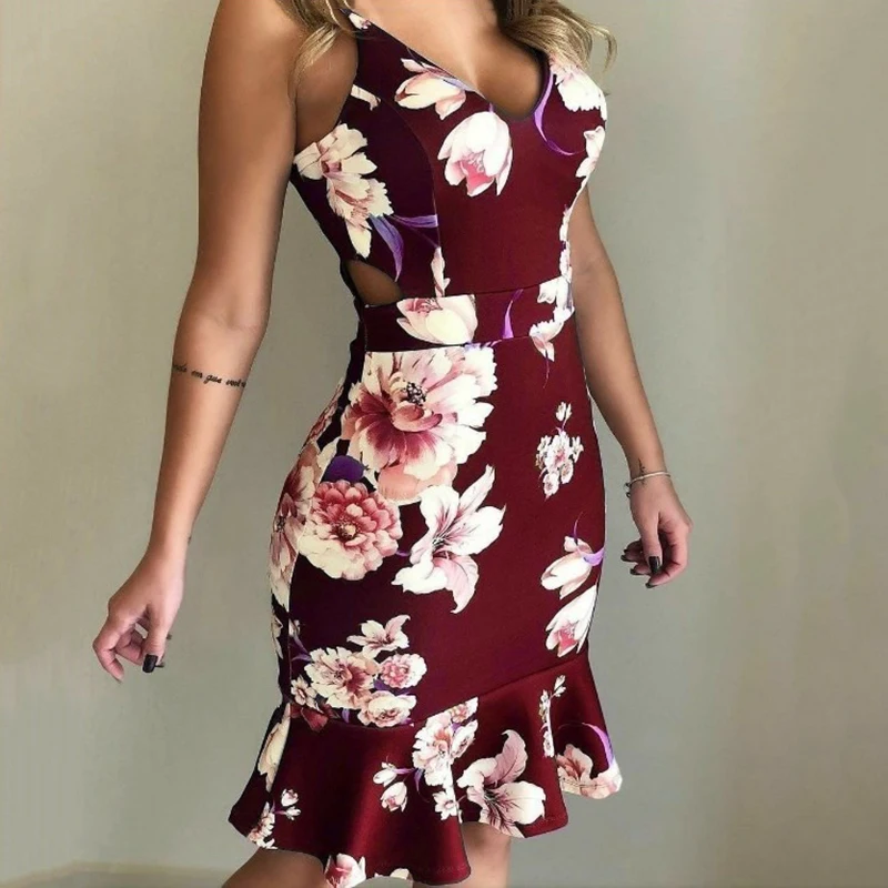 

Ladies Dress Casual Summer Sleeveless Floral Spaghetti Strap Baggy Sexy Bodycon