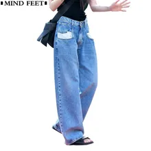 MIND FEET женские джинсы Широкие повседневные свободные винтажные синие белые брюки полномерная прямая женская мода над размером джинсовые брюки