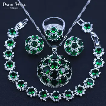 

Fashion Silver Color Costume Jewelry Set Lovely Round CZ Stone and Green Crystal Necklace Earring Ring Set For Women Present