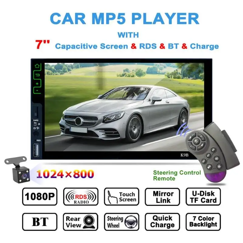 

7Inch 2Din Car Stereo MP5 Player RDS FM AM Radio Head Unit with Rear Camera Remote Control Bluetooth BT USB2.0 Monitor Display