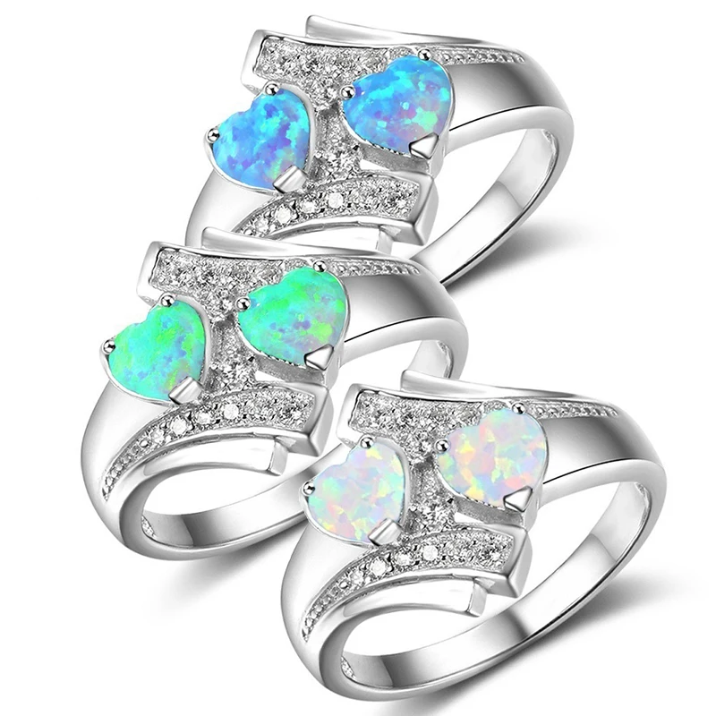 Sale Romantic Moonstone Blue Heart Fire Opal Ring Jewelry For Women Silvery Zircon Wedding Engagement Rings