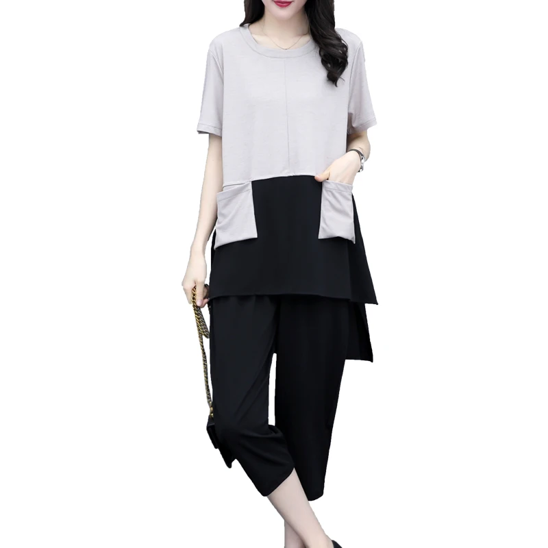 

summer wear new Korean fashion women plus size big top with pocket black pants casual suit big yards XL -5XL clothes patchwork