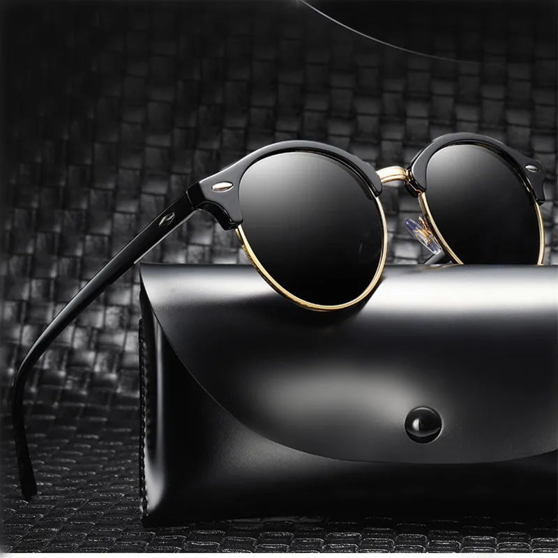 Blacked Out Polarized Classic Vintage Sunglasses Mens Womens Metal Half Frame