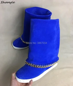 

SHOOEGLE Autumn Winter Mid-calf Boots Women Height Increasing Boots Chains Embellished Wedge Boots Blue Black Boots Top Quality