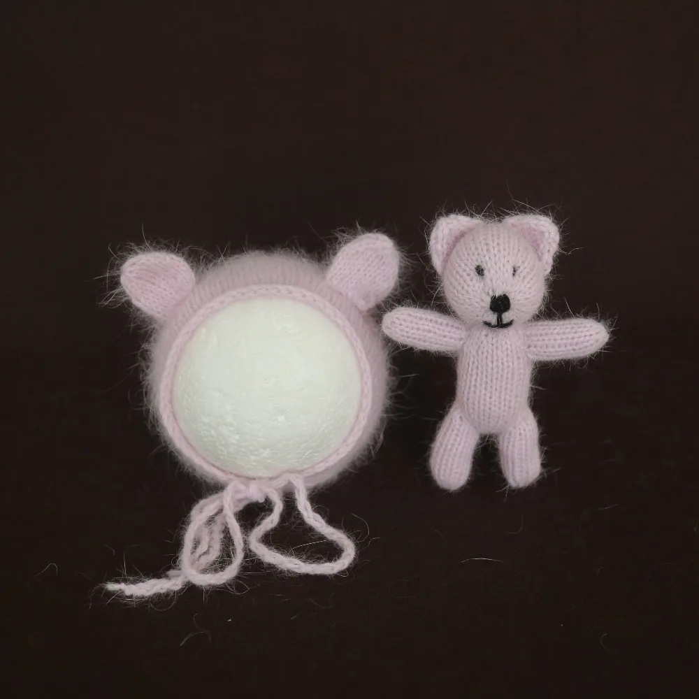 

Fluffy Teddy Bear Baby Hat And Toy Set Newborn Ears Bonnet Handmade Knitted Wool Cap New Born Photo Props