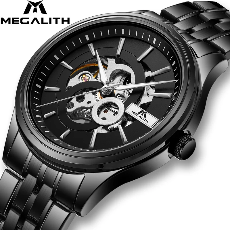 

MEGALITH Fashion Luxury Top Brand Watch Men Automatic Mechanical Mens Watches Business Steel Strap Skeleton Wristwatch Clock