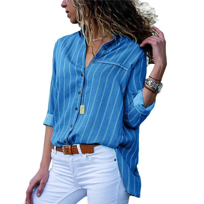 Новый-Для женщин Мода Полосатый с длинным рукавом нагрудные Кнопка рубашка блузка дамы Повседневное ПР рубашка элегантные топы плюс