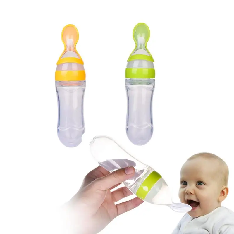 

90ML Safety Silicone Baby Bottle With Spoon Food Supplement Rice Cereal Bottles Squeeze Spoon Milk Feeding Bottle Cup O3