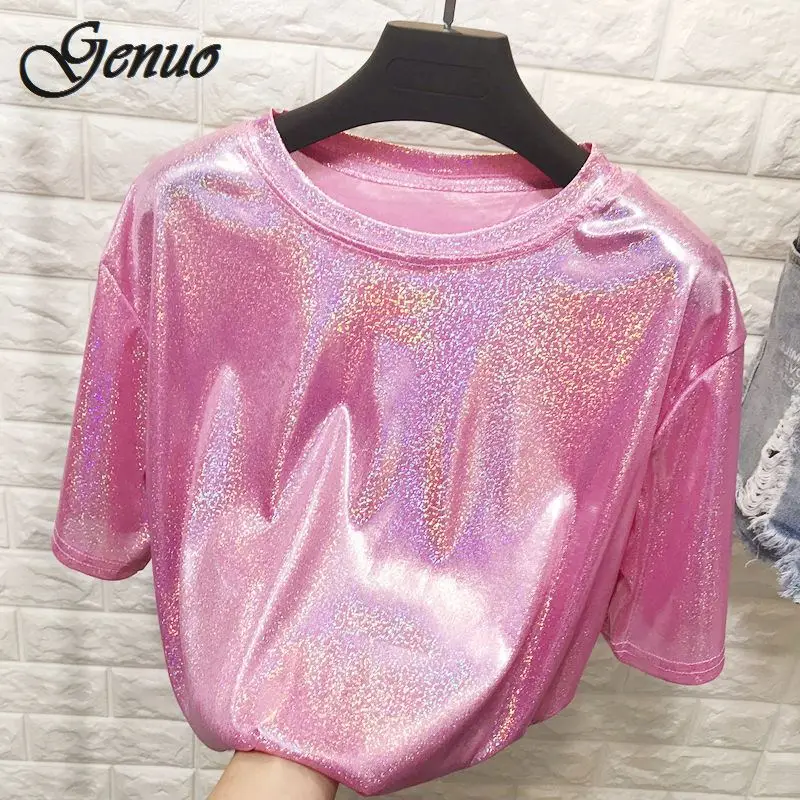 

New summer retro style stylish bright silk woman tops shiny loose short sleeve t-shirt sexy club aesthetic harajuku women tshirt