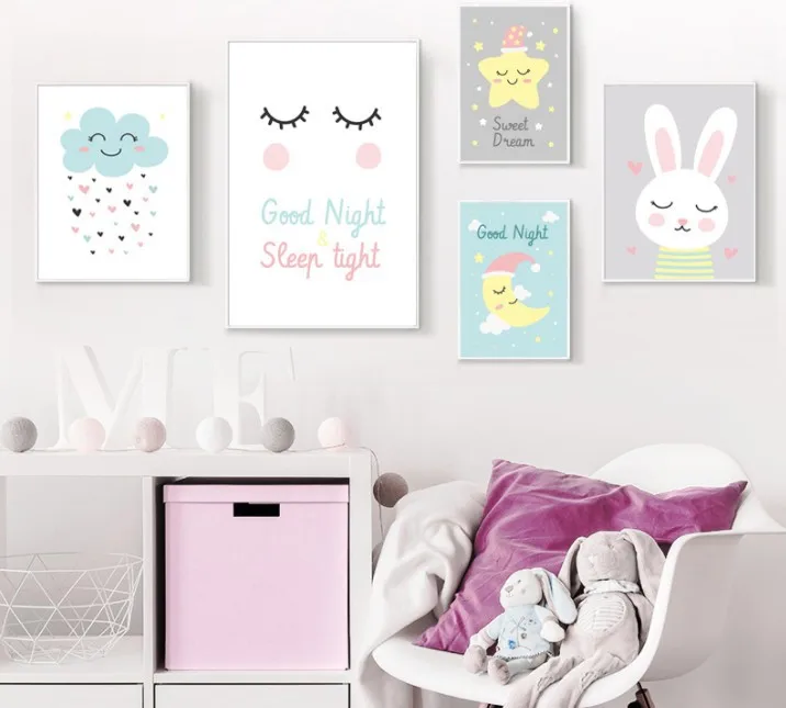 

Ins Nordic Modern Simple Cartoon Rabbit Cloud Children's Room Canvas Painting Bedroom Living Room Frameless Mural Kindergarten