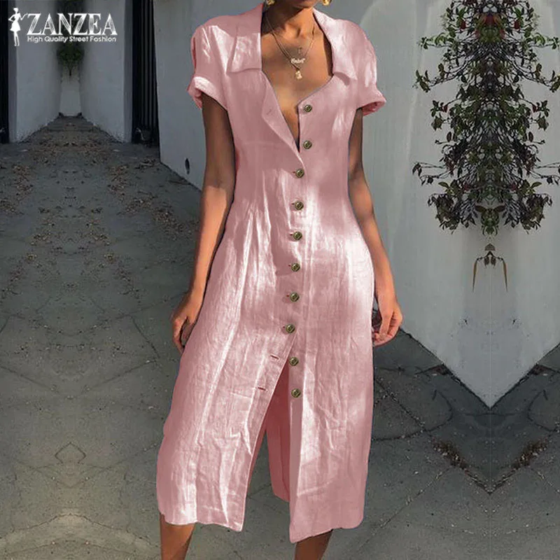 

Summer Shirt Dress Women's Sexy Split Sundress 2019 ZANZEA Lapel Midi Robe Stylish Button Female Short Sleeve Sarafans Vestidos