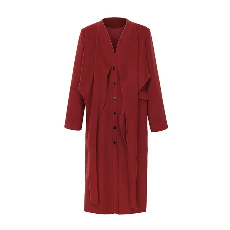 TWOTWINSTYLE Autumn Winter Women's Wool Coats V Neck Long Sleeve High Waist Bandage Coat Female Fashion Casual Clothes New