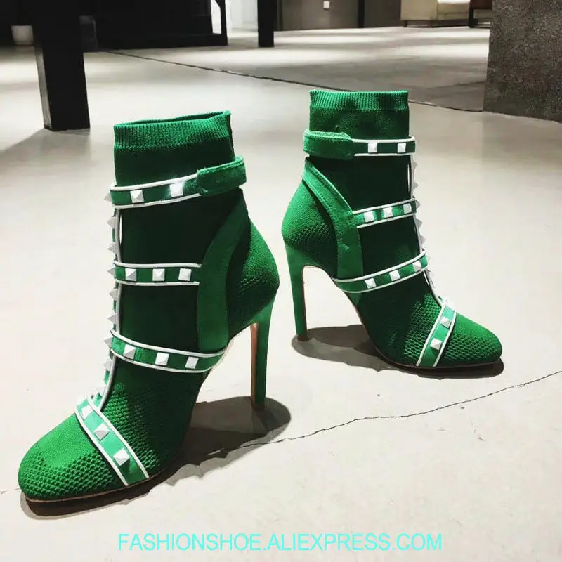 

2019 New Spring Summer Studded Sock Booties Women Boots Green Red Black Rivets Stretch Fabric Women Boots High Heels Shoes Woman