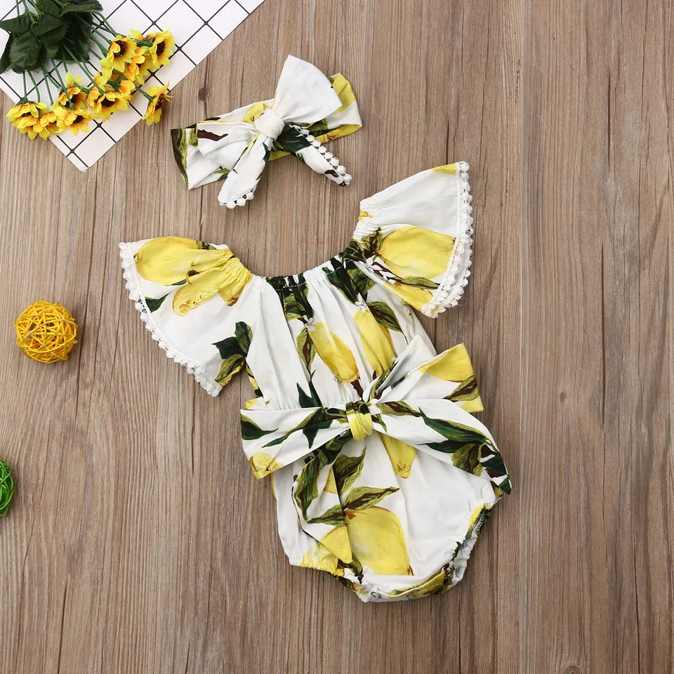2Pcs Newborn Baby Girls Lemon Romper+Headband Bow Bodysuit Sunsuit Outfit Summer