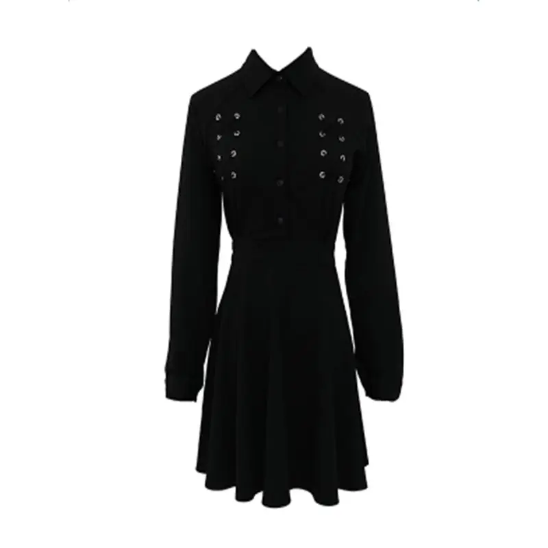 Women Mini Dresses Casual Elegant Black Gothic Punk Aline Lantern Sleeve Lapel Solid Button Hip