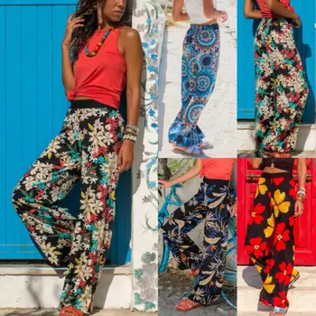 

Casual Women Baggy Harem Pants Boho Printed Flat Hippie Wide Leg Gypsy Palazzo Casual Trousers