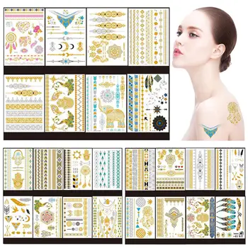 

Metallic Temporary Tattoos for Women Teens Girls 8 Sheets Gold Silver Temporary Tattoos Glitter Shimmer Designs Jewelry Tattoos