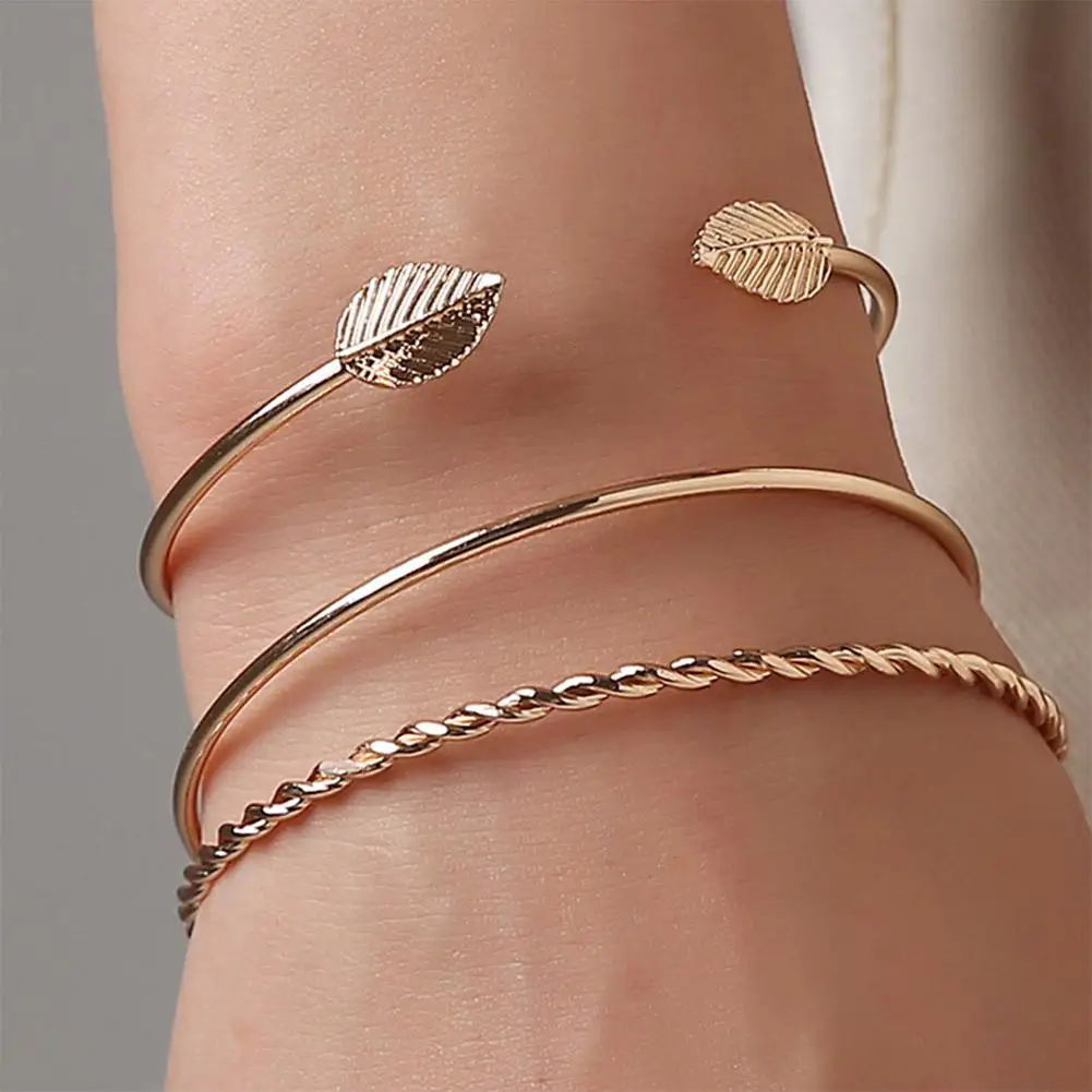 

XIUFEN 3pcs/set Women Trendy Bangles Gold Color Twist Leaf Geometric Design Open Bracelet Female Jewelry