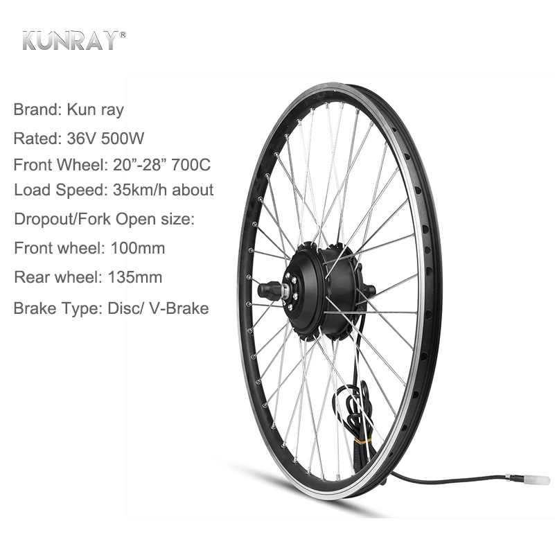 Kun ray, 36 В, 500 Вт, комплект для электрического велосипеда 20, 26, 27,5 дюйма, комплект передних моторных колес, электрический комплект для велосипеда, набор для велосипеда с колесной головкой, комплект для самостоятельной сборки