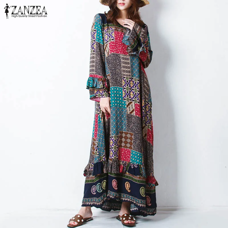 ZANZEA Women Retro Floral Print Autumn O Neck Butterfly Sleeve Casual Party Flouncing Long Dress Vestido With Belt Plus Size
