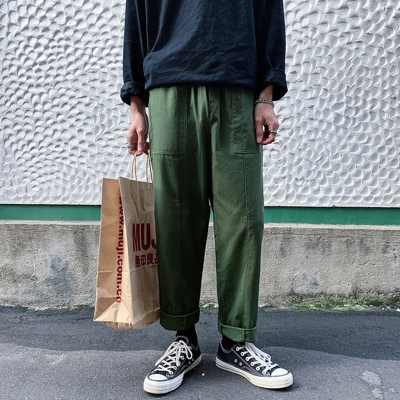 

Spring New Tooling Wind Pants Men Fashion Wash Retro Solid Color Casual Overalls Man Streetwear Hip Hop Loose Trousers Male