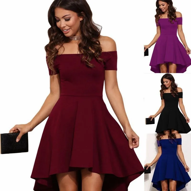 

Womens Off The Shoulder Short Sleeve High Low Cocktail Dresses 2020 Hot Sale Cheap In Stock Party Dress Multi Color