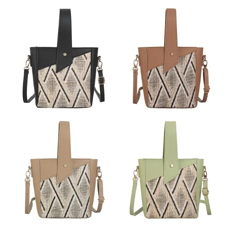 

Vintage Woven Straw Shoulder Bucket Women Summer Beach Messenger Handbags