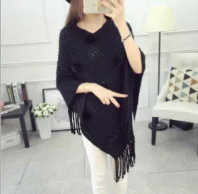 2019 Women Spring Autumn Knitted Sweater Poncho Coat Solid Elegant Pullover Jumper Irregular Tassel Hem Cape Cloak Pull Femme