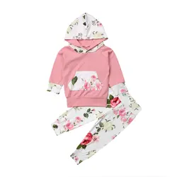 Младенческой новорожденных для маленьких девочек Комплекты с цветочным рисунком одежда с капюшоном съехать Топы + Штаны с высокой
