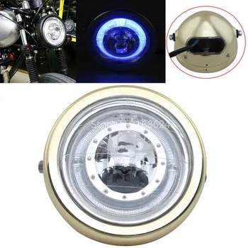 

New 6.5" Motorcycle Headlight LED Headlamp Blue Halo Angle Eyes Hi/Low Beam Fits For Cafe Racer Hot